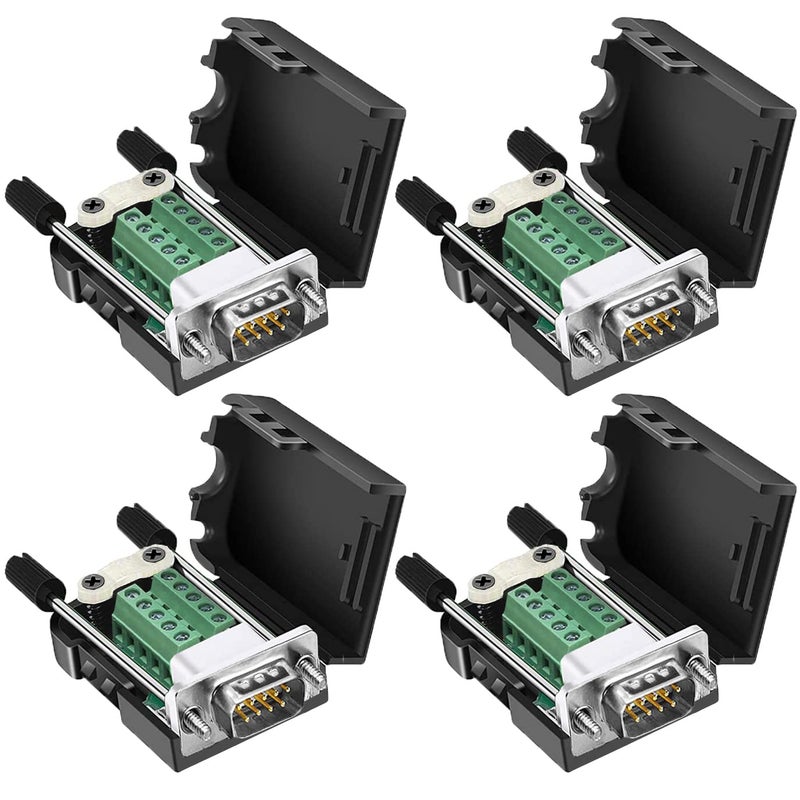 DaFuRui DB9 Male Connectorï¼Œ4Pack DB9 Breakout Connector Solderless RS232 D-SUB DB 9 Male Screw Terminal Block with Case Long Bolts Tail Pipe - Image 1
